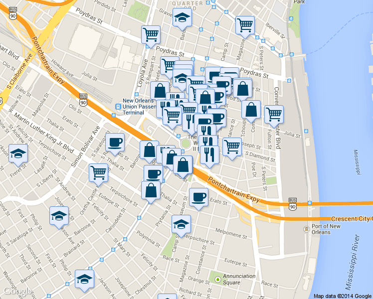 map of restaurants, bars, coffee shops, grocery stores, and more near 1000 Saint Charles Avenue in New Orleans