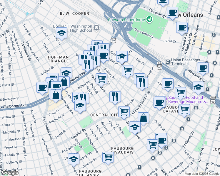 map of restaurants, bars, coffee shops, grocery stores, and more near 2624 Josephine Street in New Orleans
