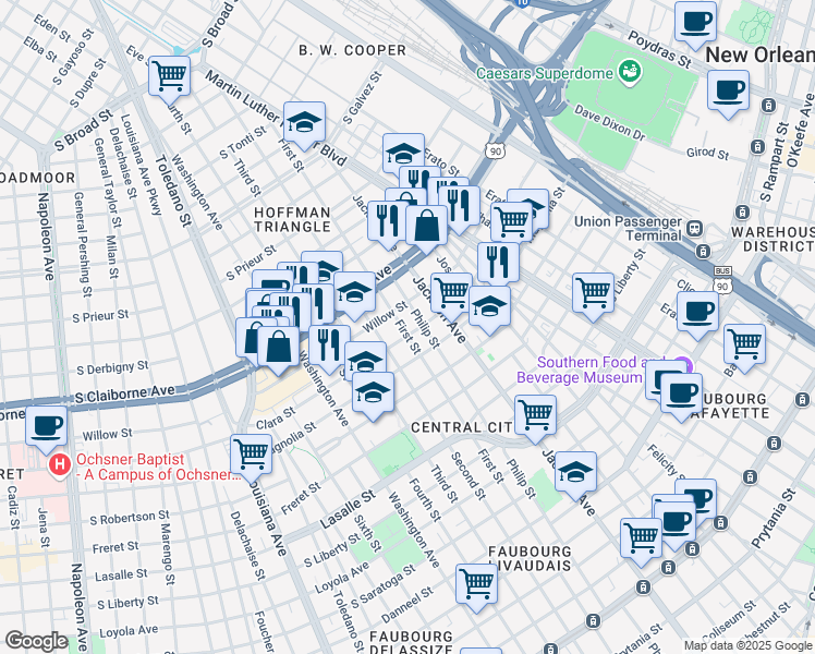 map of restaurants, bars, coffee shops, grocery stores, and more near 2812 Philip Street in New Orleans