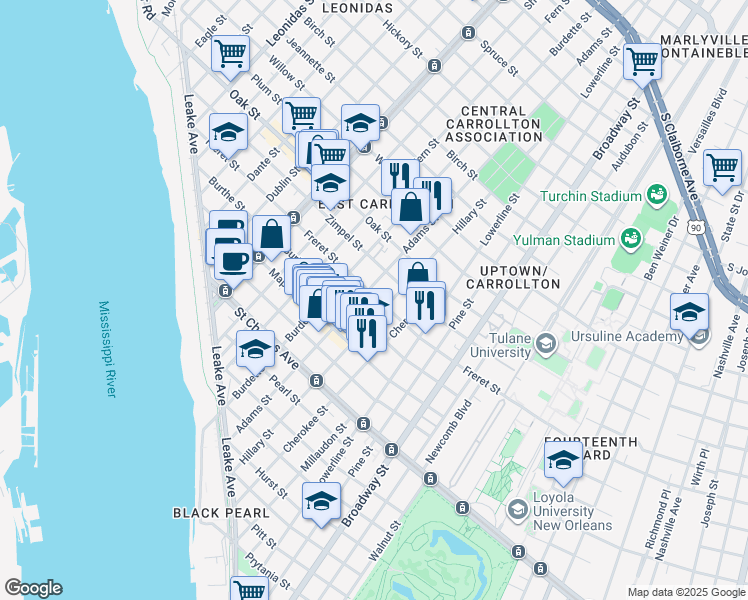 map of restaurants, bars, coffee shops, grocery stores, and more near 7613 Freret Street in New Orleans