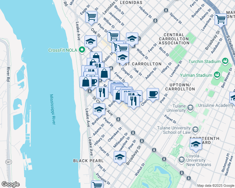map of restaurants, bars, coffee shops, grocery stores, and more near 7815 Maple Street in New Orleans