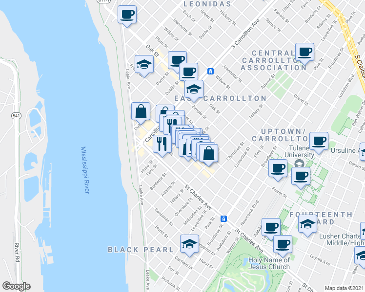 map of restaurants, bars, coffee shops, grocery stores, and more near 7815 Maple Street in New Orleans