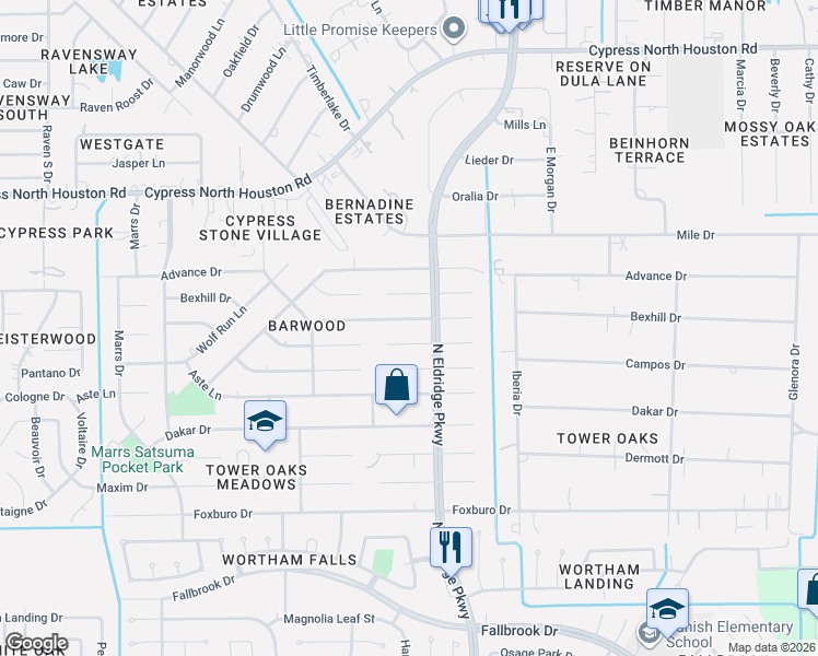 map of restaurants, bars, coffee shops, grocery stores, and more near 12407 Campos Drive in Houston