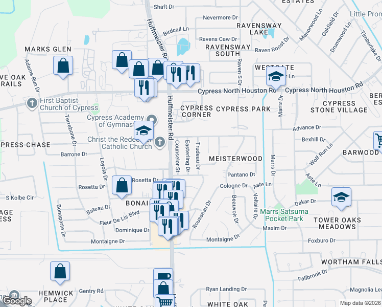map of restaurants, bars, coffee shops, grocery stores, and more near 11622 Trudeau Drive in Houston