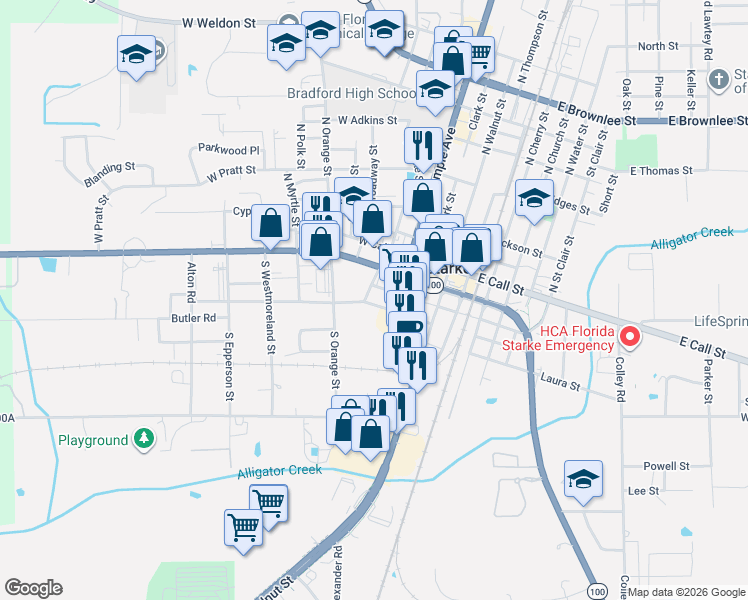 map of restaurants, bars, coffee shops, grocery stores, and more near 315 Lafayette Street in Starke
