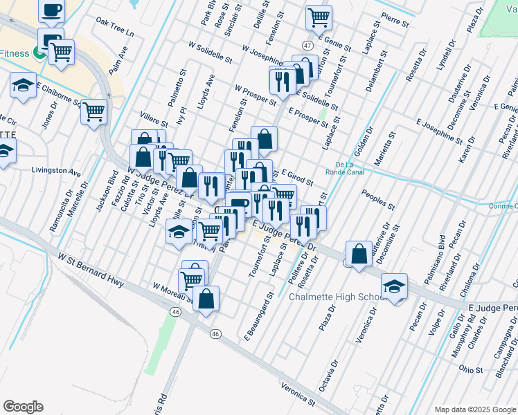 map of restaurants, bars, coffee shops, grocery stores, and more near 120 East Morales Street in Chalmette