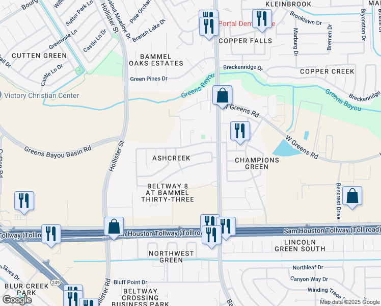 map of restaurants, bars, coffee shops, grocery stores, and more near 5406 Golden Stream Drive in Houston