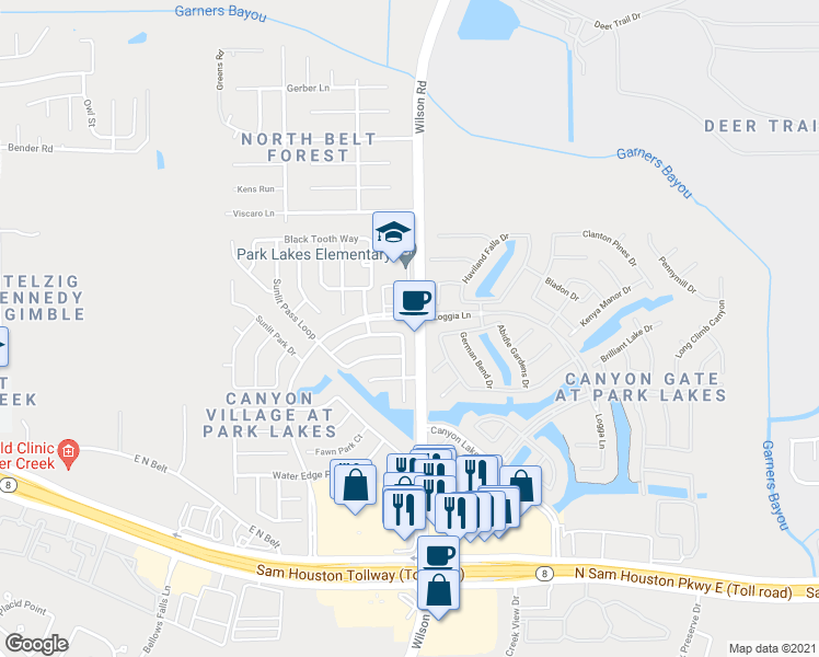 map of restaurants, bars, coffee shops, grocery stores, and more near 9531 Fossil Canyon Drive in Humble