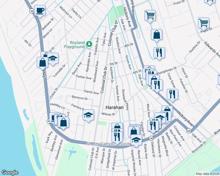 map of restaurants, bars, coffee shops, grocery stores, and more near 530 Ashlawn Drive in Harahan