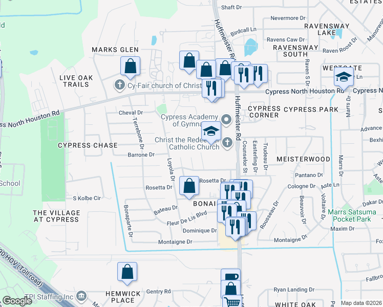 map of restaurants, bars, coffee shops, grocery stores, and more near 11526 Musetta Court in Cypress