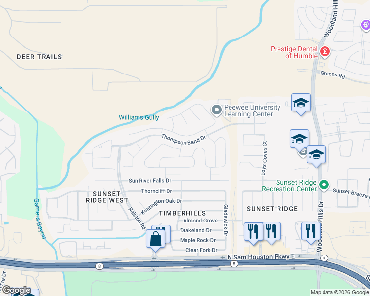 map of restaurants, bars, coffee shops, grocery stores, and more near 15222 Balmoral Stone Drive in Humble