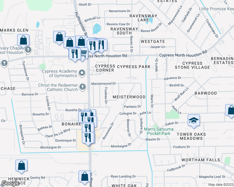 map of restaurants, bars, coffee shops, grocery stores, and more near 11619 1 Token Drive in Houston