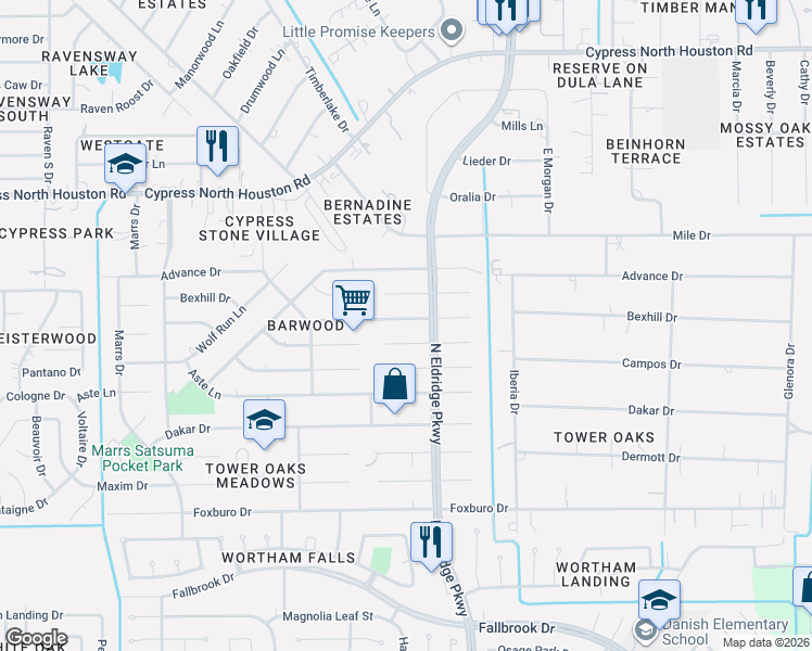 map of restaurants, bars, coffee shops, grocery stores, and more near 12407 Campos Drive in Houston