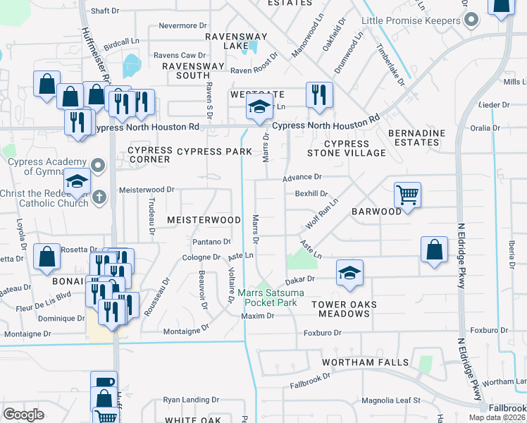 map of restaurants, bars, coffee shops, grocery stores, and more near 11607 Marrs Drive in Houston