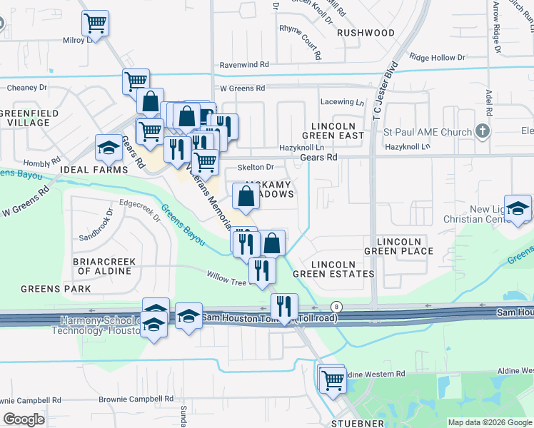 map of restaurants, bars, coffee shops, grocery stores, and more near 2619 Owens Cross Drive in Houston