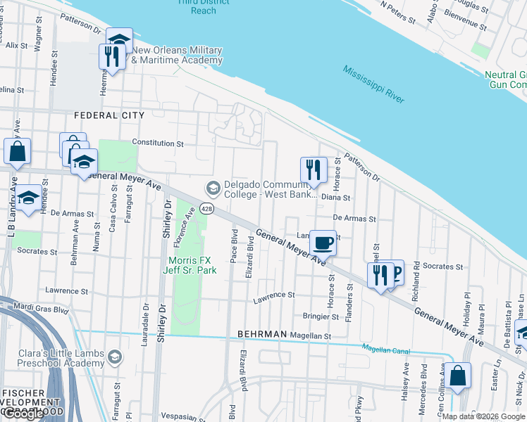 map of restaurants, bars, coffee shops, grocery stores, and more near 1224 Merrill Street in New Orleans