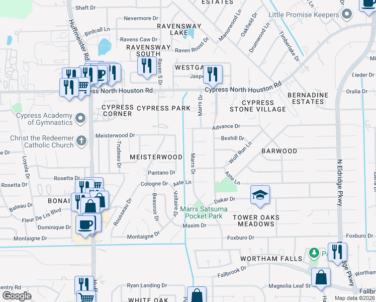map of restaurants, bars, coffee shops, grocery stores, and more near 11607 Marrs Drive in Houston