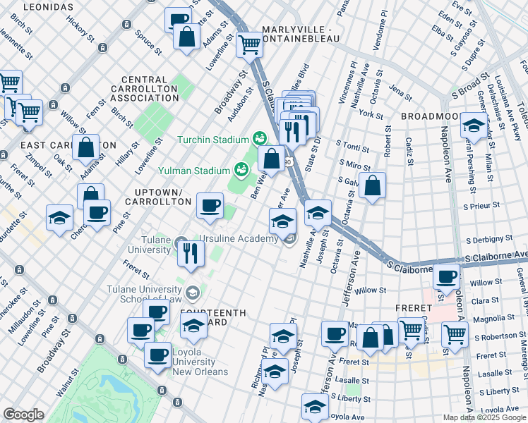 map of restaurants, bars, coffee shops, grocery stores, and more near 2723 Calhoun Street in New Orleans