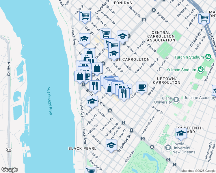 map of restaurants, bars, coffee shops, grocery stores, and more near 7815 Maple Street in New Orleans