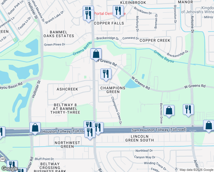 map of restaurants, bars, coffee shops, grocery stores, and more near 11431 Champions Green Drive in Houston