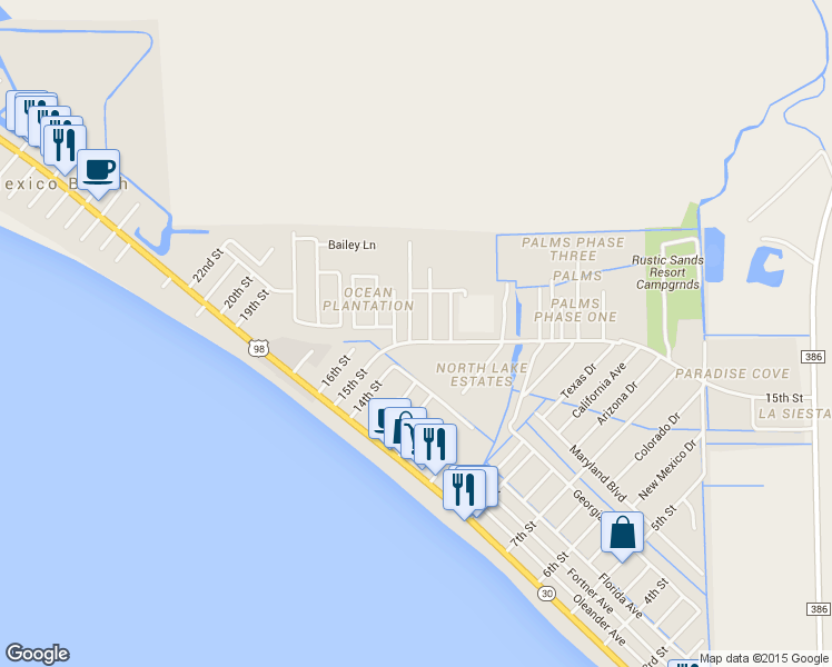 map of restaurants, bars, coffee shops, grocery stores, and more near 100 Saint Frances Street in Mexico Beach