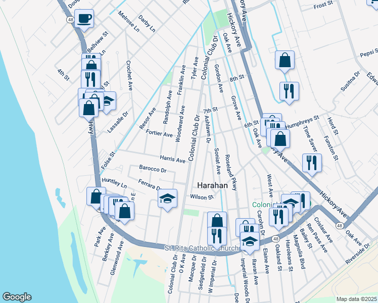 map of restaurants, bars, coffee shops, grocery stores, and more near 532 Colonial Club Drive in Harahan