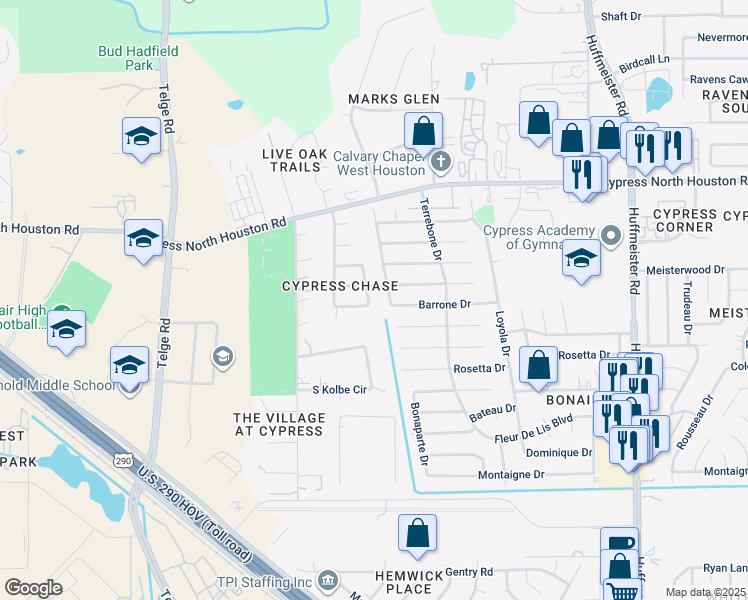 map of restaurants, bars, coffee shops, grocery stores, and more near 11610 Wingborne Lane in Cypress