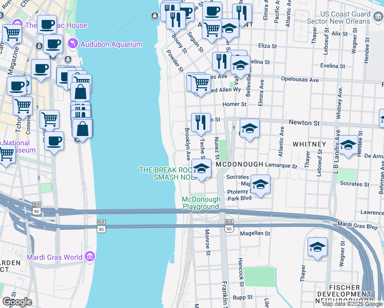 map of restaurants, bars, coffee shops, grocery stores, and more near 321 De Armas Street in New Orleans