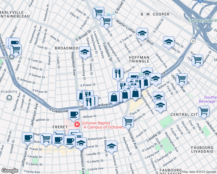map of restaurants, bars, coffee shops, grocery stores, and more near 3205 Delachaise Street in New Orleans