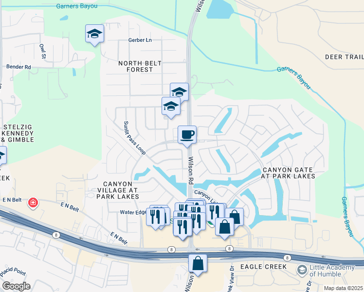 map of restaurants, bars, coffee shops, grocery stores, and more near 9531 Fossil Canyon Drive in Humble
