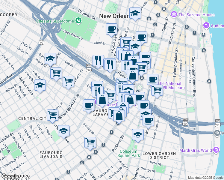 map of restaurants, bars, coffee shops, grocery stores, and more near 1139 Baronne Street in New Orleans