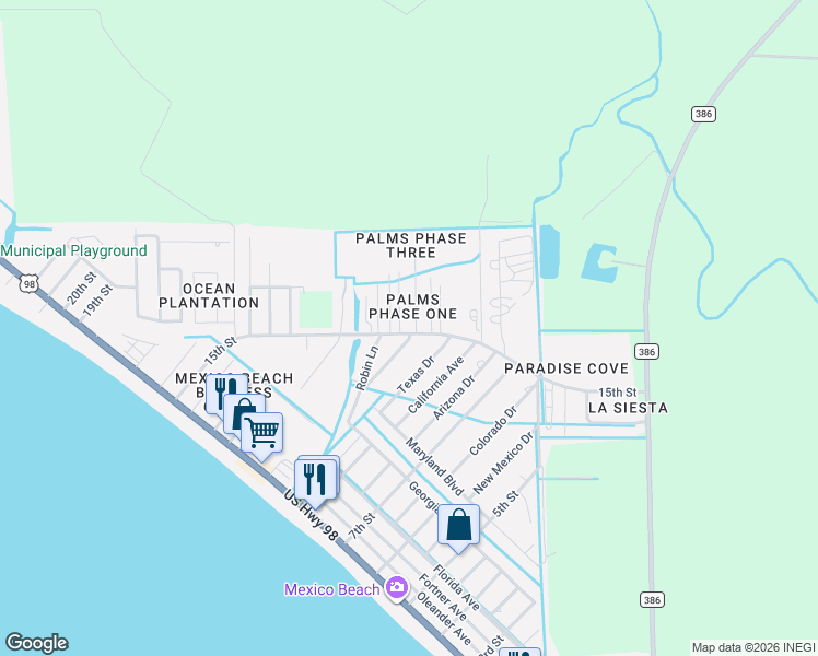 map of restaurants, bars, coffee shops, grocery stores, and more near 1016 15th Street in Mexico Beach