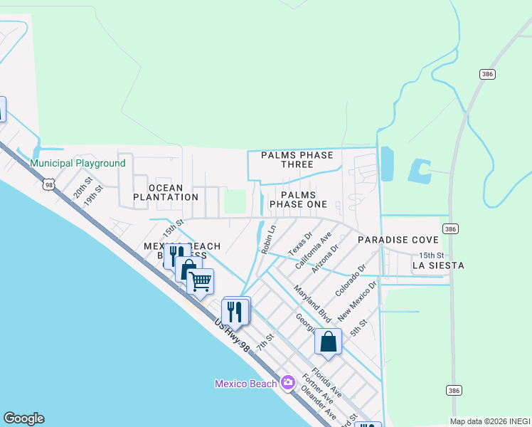 map of restaurants, bars, coffee shops, grocery stores, and more near Sun and Sand Road in Mexico Beach