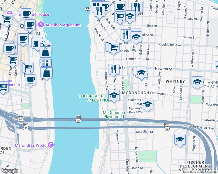 map of restaurants, bars, coffee shops, grocery stores, and more near 321 De Armas Street in New Orleans