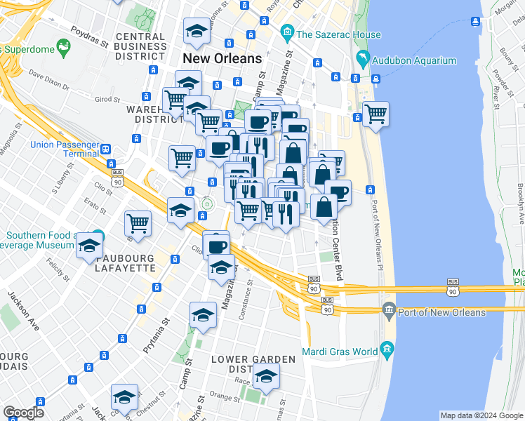 map of restaurants, bars, coffee shops, grocery stores, and more near 923 Constance Street in New Orleans