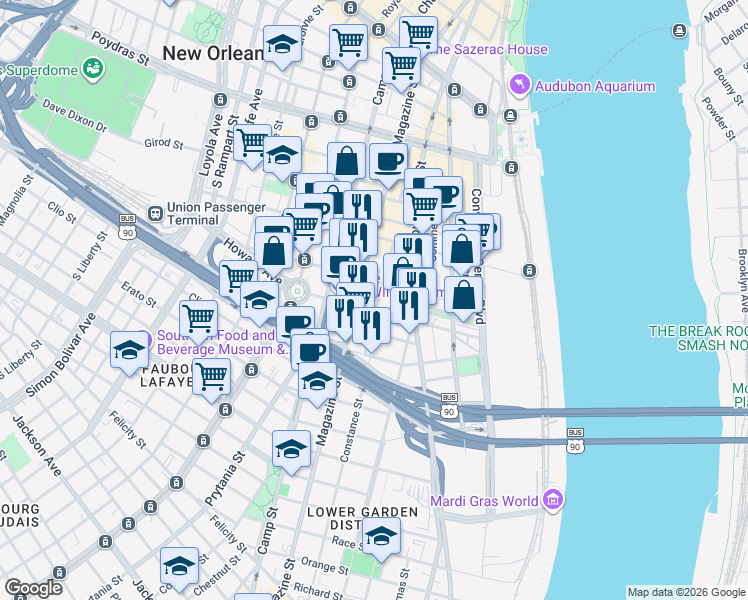 map of restaurants, bars, coffee shops, grocery stores, and more near 923 Constance Street in New Orleans