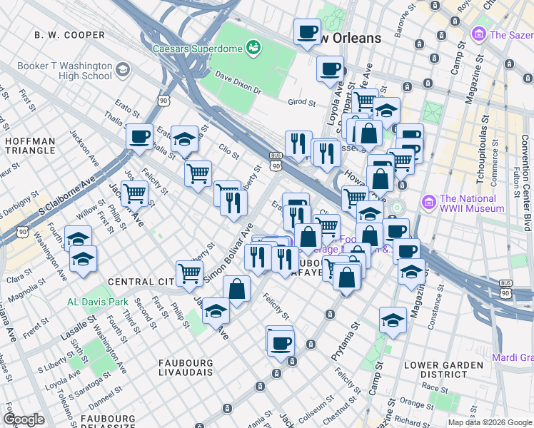 map of restaurants, bars, coffee shops, grocery stores, and more near 2122 Thalia Street in New Orleans
