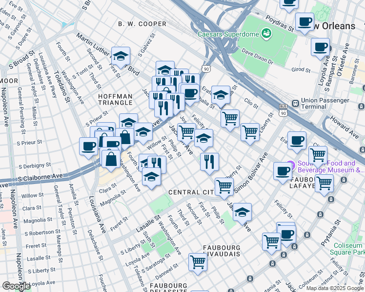 map of restaurants, bars, coffee shops, grocery stores, and more near 2616A Jackson Avenue in New Orleans