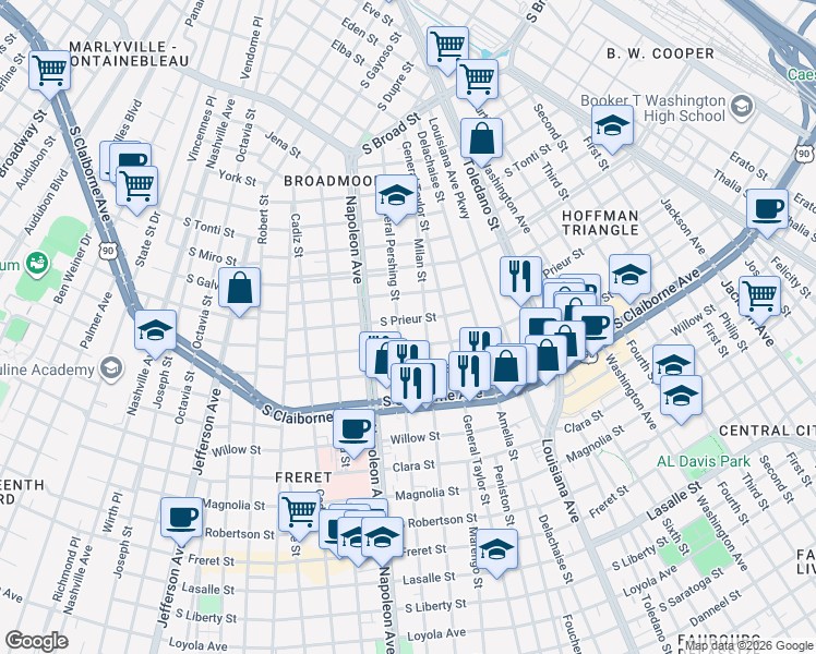 map of restaurants, bars, coffee shops, grocery stores, and more near 4220 South Prieur Street in New Orleans