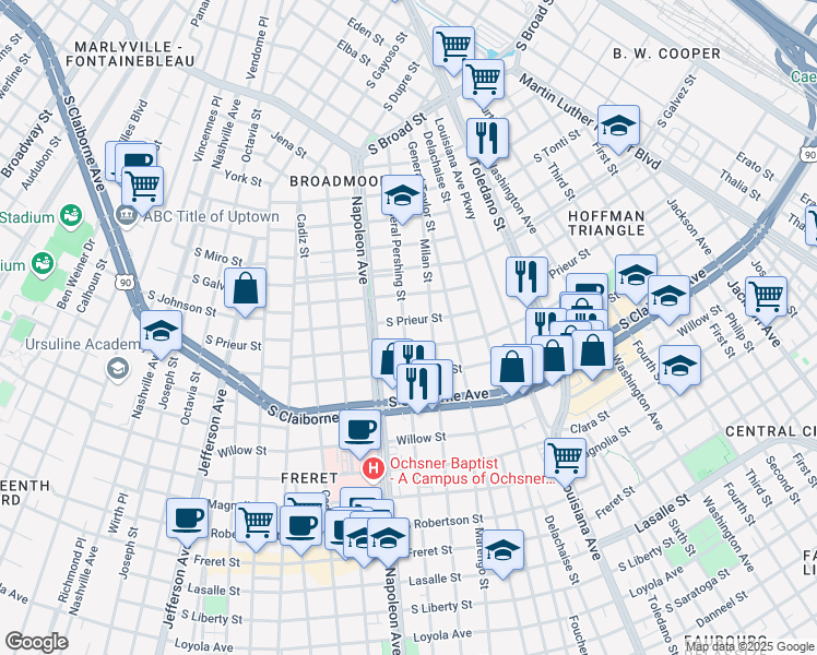 map of restaurants, bars, coffee shops, grocery stores, and more near 4220 South Prieur Street in New Orleans