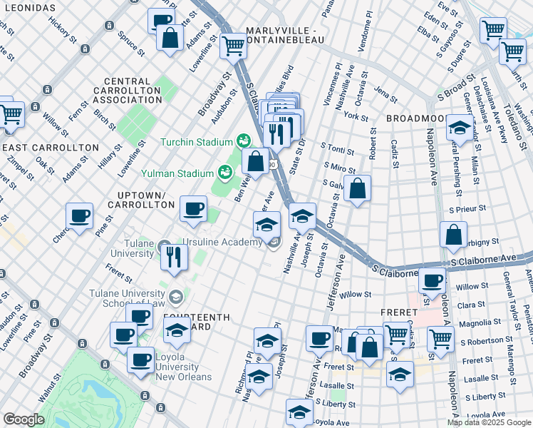 map of restaurants, bars, coffee shops, grocery stores, and more near 2806 State Street in New Orleans