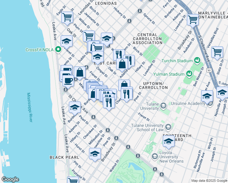 map of restaurants, bars, coffee shops, grocery stores, and more near 7613 Freret Street in New Orleans