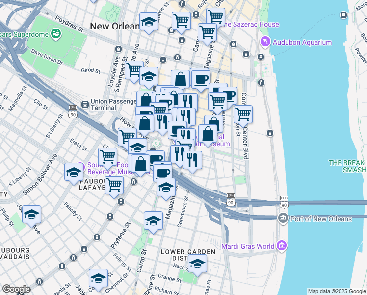 map of restaurants, bars, coffee shops, grocery stores, and more near 945 Magazine Street in New Orleans