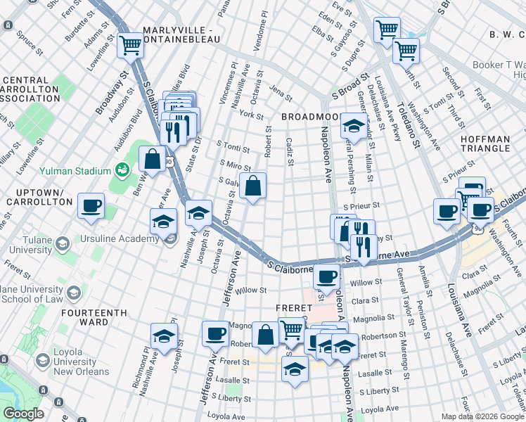 map of restaurants, bars, coffee shops, grocery stores, and more near 3130 Robert Street in New Orleans