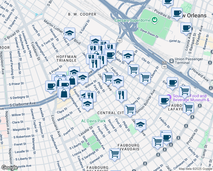 map of restaurants, bars, coffee shops, grocery stores, and more near 2616A Jackson Avenue in New Orleans