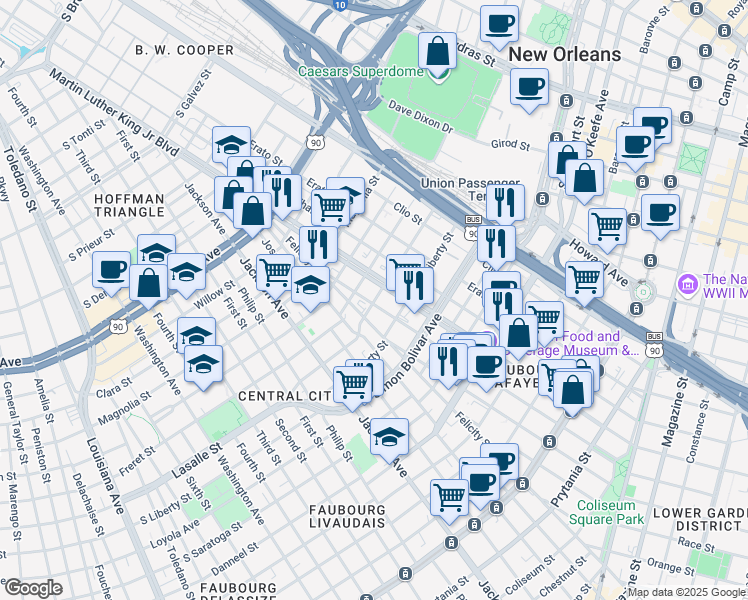 map of restaurants, bars, coffee shops, grocery stores, and more near 1527 Reverend John Raphael Junior Way in New Orleans