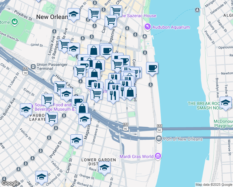 map of restaurants, bars, coffee shops, grocery stores, and more near 350 Saint Joseph Street in New Orleans