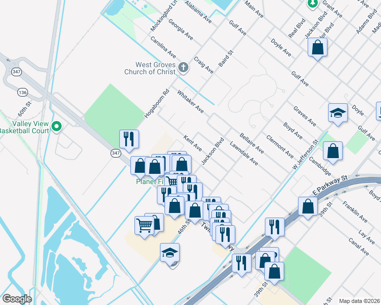 map of restaurants, bars, coffee shops, grocery stores, and more near 5110 Sue Avenue in Groves