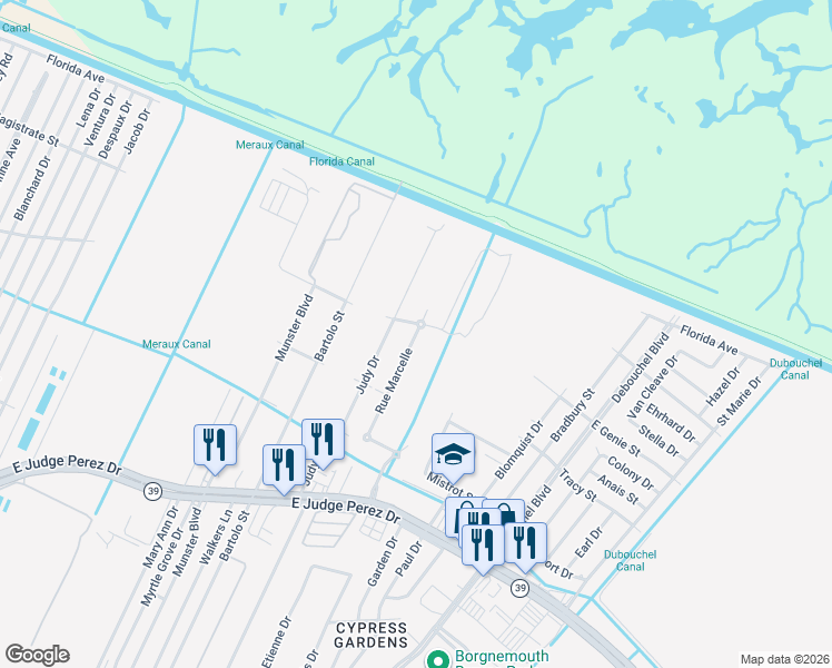 map of restaurants, bars, coffee shops, grocery stores, and more near 3224 Rue Marcelle in Meraux