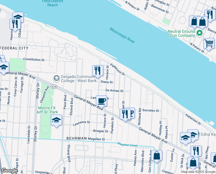 map of restaurants, bars, coffee shops, grocery stores, and more near 1116 Horace Street in New Orleans